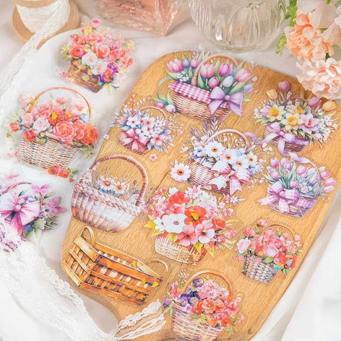 TIAMECH Picking Flowers PET Stickers - 72 Pcs Blooming Spring & Flower Charm Design, Waterproof Sticker for Journaling & Scrapbooking, Junk Journal Supplies, Ephemera & DIY Crafts