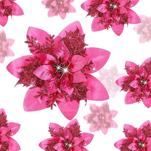 24 Christmas Glitter Artificial Poinsettia Flowers Xmas Poinsettia Artificial Wedding Flowers Decorations Xmas Tree Ornaments with Clips for Party Favors, 6 Inch, 4 Inch, 3 Inch (Fuchsia)