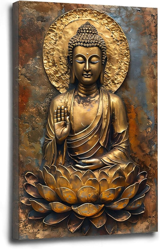 Buddha Wall Art Golden Buddha in Lotus Seat Serene spiritual statue radiant aura Meditation and mindfulness wall art suitable for sacred spaces 12x18in Wood Framed