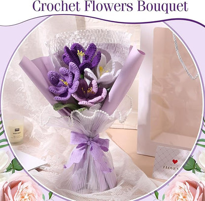 Crochet Flowers Bouquet Gift Christmas Crochet Flower Tulips Completed Handmade Knitted Bouquet with Card for Women Girlfriend Lover Appreciation Gift Birthday Wedding Teacher Decor(Purple)