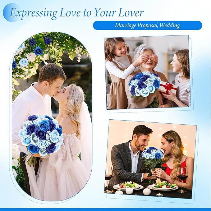 Hotop 40 Pcs Rose Artificial Flowers Bulk with Long Stem,Realistic Silk Fake Roses Bouquet for Home Wedding Centerpieces Party Table Decoration Valentines Gifts(Gradient Blue)