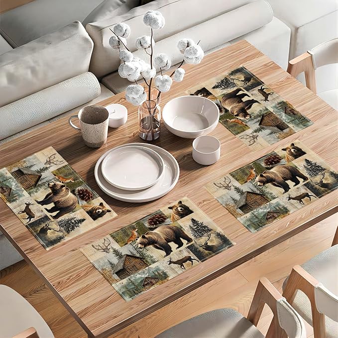 Rustic Bear Deer Fox Cabin Placemats Set of 6, Farmhouse Lodge Place Mats, Country Brown Bear Dining Table Mats, Washable Placemats for Kitchen Dining Room 18L'' × 12W''