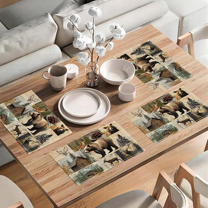 Rustic Bear Deer Fox Cabin Placemats Set of 6, Farmhouse Lodge Place Mats, Country Brown Bear Dining Table Mats, Washable Placemats for Kitchen Dining Room 18L'' × 12W''