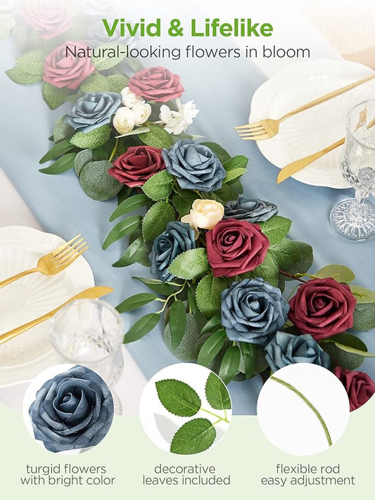 InnoGear Artificial Flowers, 50 Pcs Dusty Blue Shades Foam Fake Roses Bulk with Stems for Decoration DIY Wedding Bouquets Centerpieces Bridal Shower Party Christmas Tree