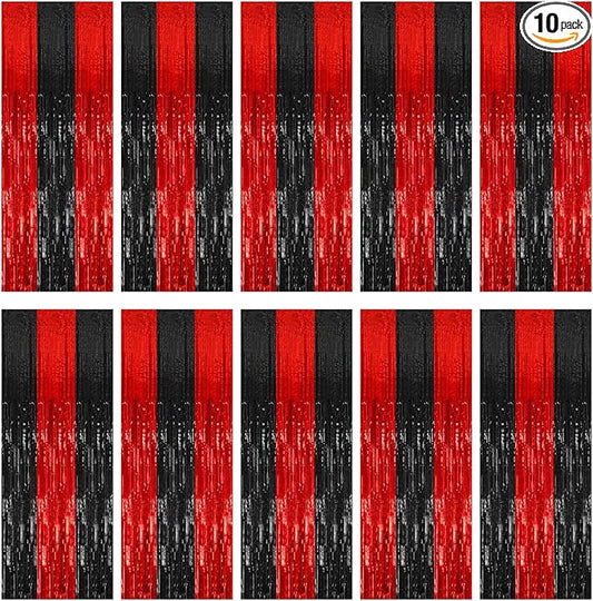 10 Pack Black and Red Party Backdrop Streamers Decorations Foil Fringe Curtains Metallic Tinsel Backdrop for Birthday Halloween Christmas New Year Fancy Ball Graduation Party Decor