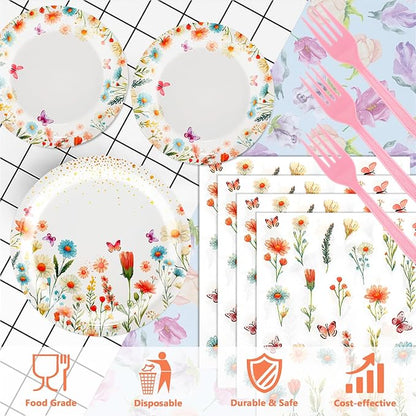 96 PCS Spring Wildflower Party Tableware Supplies, Disposable Floral Paper Plates Napkins Set for Picnic Baby Shower Birthday Wedding Thanksgiving Christmas Tea Party Decor Suppies, 24 Guests
