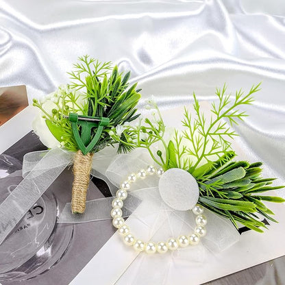 SITUMEIZI Ivory Rose Wrist Corsage and Boutonniere Set Corsage Wristlet Band Bracelet for Prom Decor Boutonniere for Men Wedding White Flowers Accessories Party Suit Decoration