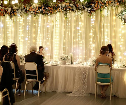 Champagne Tulle Photo Backdrop Curtain with Lights String for Parties Wedding Bridal Shower Sheer Champagne Curtain Backdrop for Birthday Party Baby Shower Photo Booth Photography 20ft x 10ft