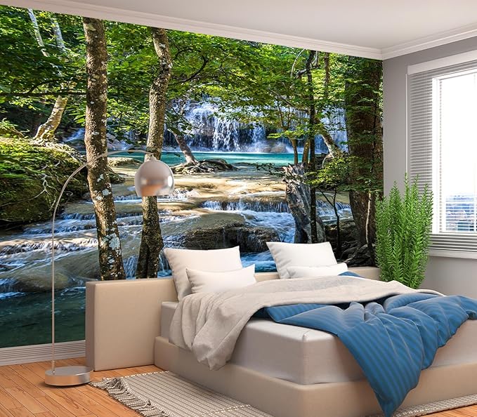 Cliouar--Erawan Waterfall in Kanchanaburi Mural Wallpaper Peel and Stick 160" x 114"
