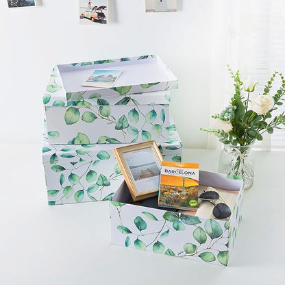 Soul & Lane Decorative Cardboard Storage Boxes with Lids for Home Decor and Organization, Set of 3 Large Keepsake Boxes for Memories & Gifts, Nesting Floral Photo Storage Containers, Eucalyptus Leaves