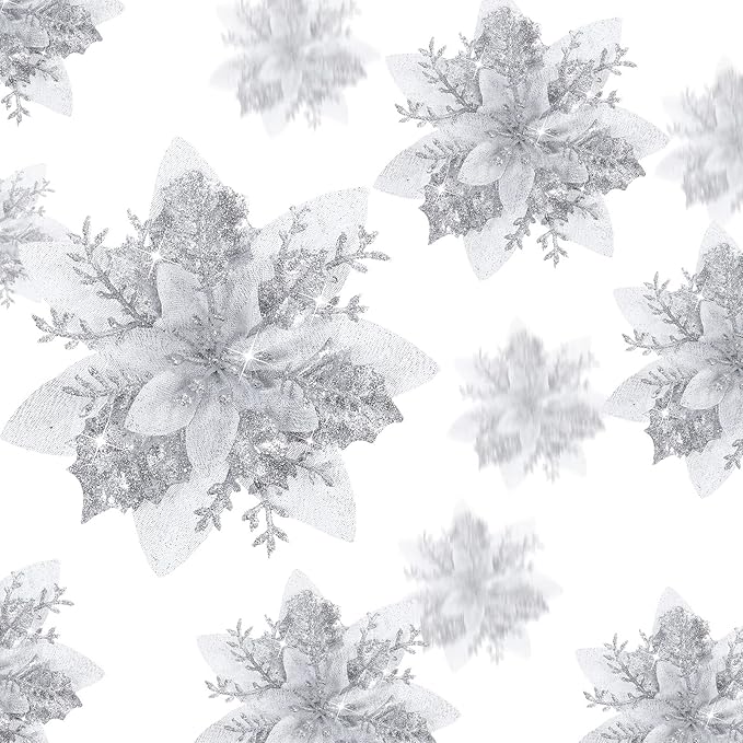24 Christmas Glitter Artificial Poinsettia Flowers Xmas Poinsettia Artificial Wedding Flowers Decorations Xmas Tree Ornaments with Clips for Party Favors, 6 Inch, 4 Inch, 3 Inch (Silver)