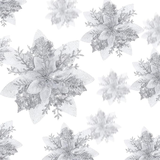 24 Christmas Glitter Artificial Poinsettia Flowers Xmas Poinsettia Artificial Wedding Flowers Decorations Xmas Tree Ornaments with Clips for Party Favors, 6 Inch, 4 Inch, 3 Inch (Silver)