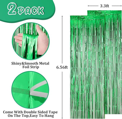 2 Pack Green Foil Fringe Backdrop Curtains, Tinsel Streamers Birthday Party Decorations, Fringe Backdrop for Graduation, Dinosaur Theme, Green Party