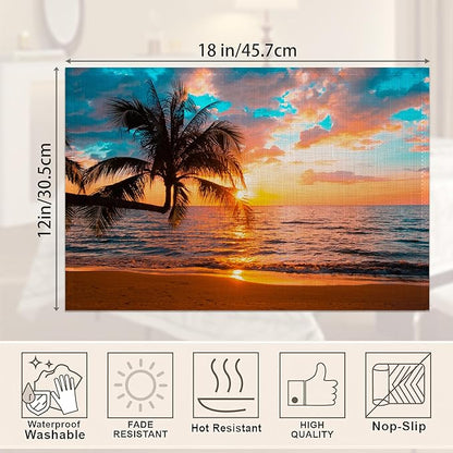 Tropical Palm Placemats Set of 6,Sunset Trees Sea Beach Table Mats Non-Slip Heat Resistant Washable Placemat for Party Kitchen Dining Table Decoration Indoor Outdoor