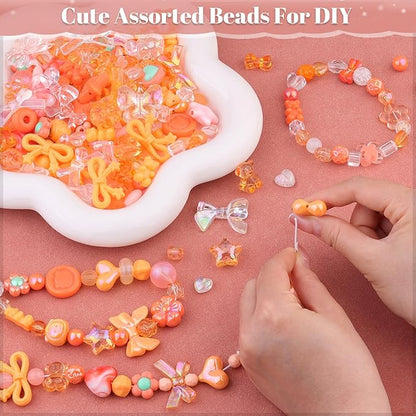 Assorted 200-260PCS Orange Acrylic Beads for Bracelet Making, Flower Bow Candy GummyBear Bracelet Charms,Cute Beads for Jewelry Making DIY Necklace Keychain Phone Charm Christmas Gift