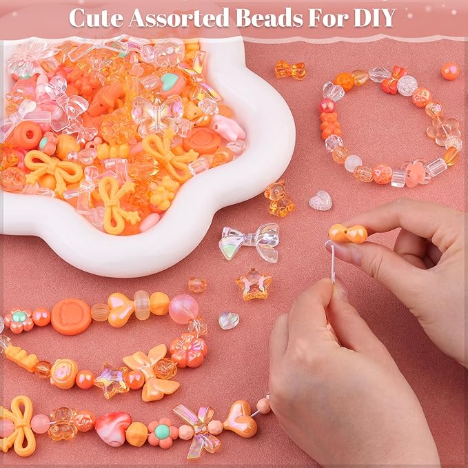 Assorted Acrylic Beads, 200-260PCS Orange Cute Beads for Bracelet Making, GummyBear Bow Flower Candy Kawaii Charms for Jewelry Making DIY Necklace Keychain Phone Charm Christmas Gift
