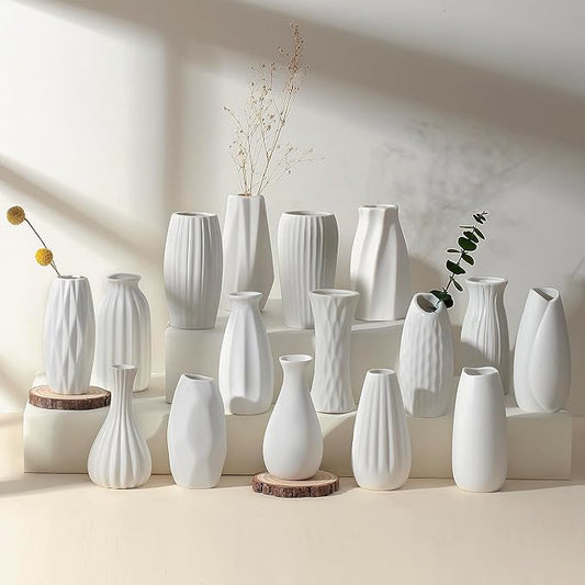 Set of 16 White Bud Vases for Flowers, Japandi Small Vases in Bulk for Centerpieces, Boho Mini Vases for Wedding Decorations, Living Room and Bedroom Decor, Arts and Crafts for Gifts