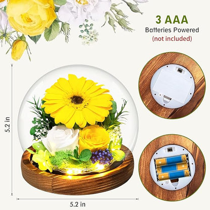 Sunflower Gifts for Women Mom Birthday Gifts for Her Preserved Real Flowers in Glass Dome with LED Strip, Forever Flowers Gifts for Wife Girlfriend Mom on Mother Day Birthday Valentine Day