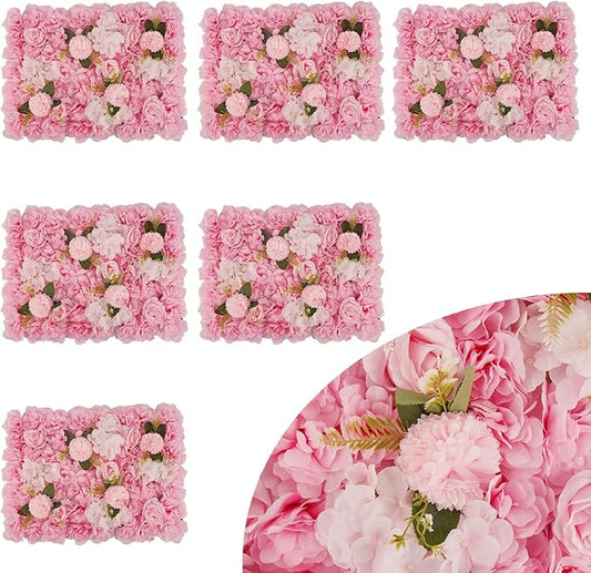 6PCS Artificial Flower Wall Panel - 16 x 24 inch 3D Flower Wall Backdrop Decoration Pink Roses Wall for Home Party Wedding Anniversary Birthday Photo Arrangement