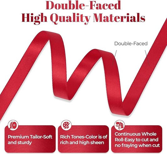 Red Satin Ribbon, Double Faced 3/8 Inch X 50 Yards Red Ribbon, Premium Satin Ribbon for Gift Wrapping, Crafts, Hair Bow Making, Sewing, Flower Bouquet, Wedding Party Decor