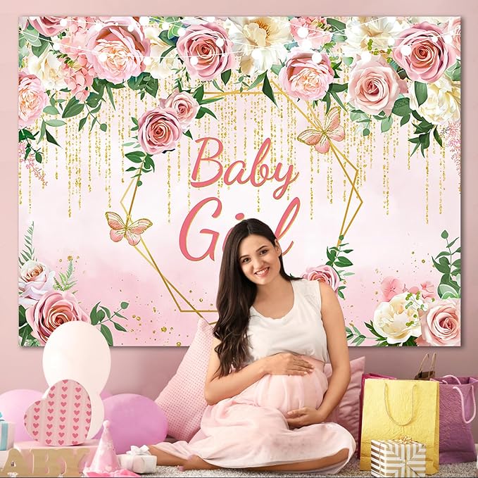 Pink Floral Baby Girls Baby Shower Backdrop Banner Decorations,Blush Rose Flower It's Baby Girl Backdrops Banner Photography Background Princess Baby Shower Party Photo Booth Supplies 5x3ft