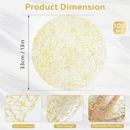 Hysenm 100 Pcs Disposable Gold Placemats Set Metallic 13 Inch Round Table Doilies, Ultra-Thin Messy Lines Disposable Placement Mats for Home Decoration Dining Table Wedding Birthday Party