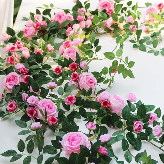 6FT Bendable Flower Garland, Artificial Rose Vine Hanging Floral Garland Decoration for Weding Home Room Wall Decor (Pink, 2pcs)