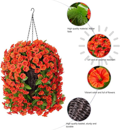 HyeFlora Artificial Fake Hanging Flowers Plants Baskets for Outdoor Decoration, Faux Silk Orange Morning Glory in Planter UV Resistant Look Real for Home Porch Patio Balcony Yard Decor
