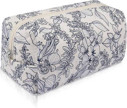 Floral Makeup Bag, Cute Cosmetic Bag for Women Girls, Quilted Cotton Make up Pouch, Travel Makeup Bags, Portable Storage Toiletry Organizer Bag(Navy Blue)