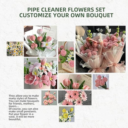 400 Pcs Pipe Cleaners Craft Kit, Pipe Cleaners Bulk Multicolors, Chenille Stems for DIY Flower Bouquet Making Kit with Tape, Floral Wires,Stamen & Ribbon, Pearls, Wrapping Paper(Pink)