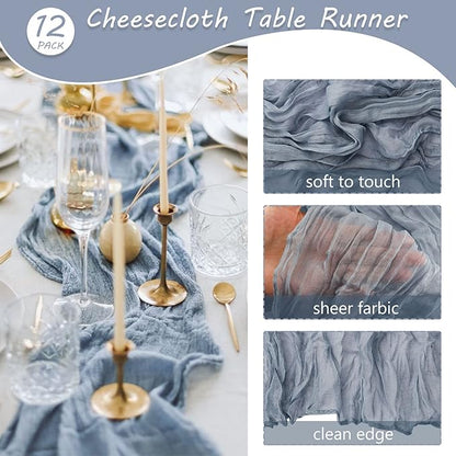 12 Pack Boho Gauze Table Runner 35x72 Inch - Rustic Cheese Cloth Long Table Runner for Wedding, Bridal Shower, Birthday Party Decor (Dusty Blue)