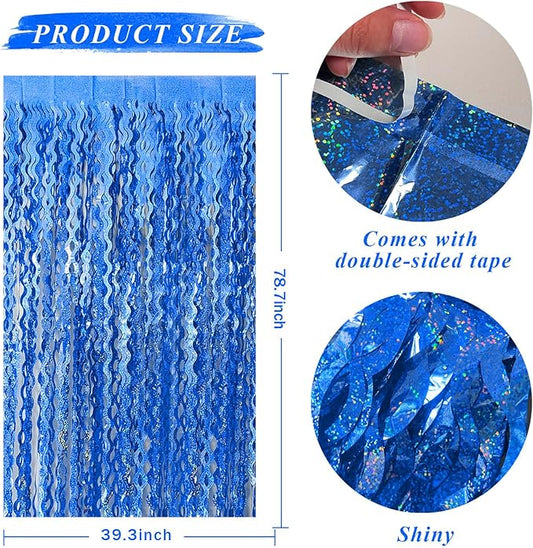 Blue Tinsel Foil Fringe Curtains Wavy Backdrop for Parties Sparkle Metallic Wavy Foil Fringe Backdrop Curtain for Party Decorations Photo Booth Props Birthday Graduation Wedding