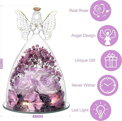 Christmas Rose Gifts for Women Preserved Real Flower in Glass Angel Figurines Roses for Delivery Prime Birthday Gifts for Mom Grandma Girlfriend Wife Her, Pearlescent Purple