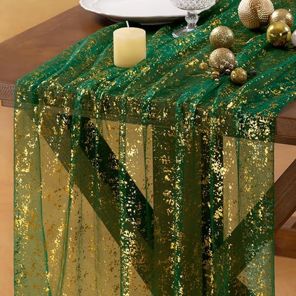 Gold Table Runner Christmas Snow Gauze Sheer Chiffon Cheesecloth Sequin 10FT Glitter Metallic Foil Dining Wedding Birthday Party Fall Winter Anniversary Holiday Centerpiece Table Decor Emerald Green