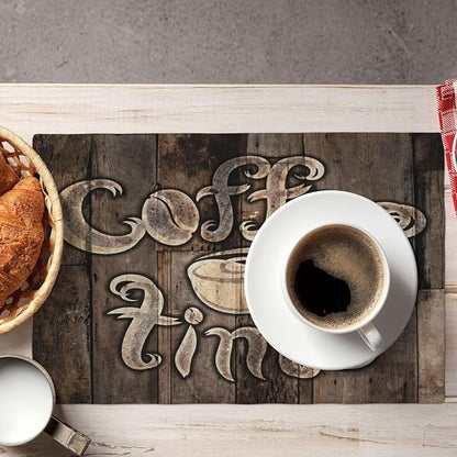 Coffee Linen Table Placemats Set of 4 Coffee Cup Vintage Wooden Print Placemat Indoor Outdoor Party Home Desktop Kitchen Dining Room Decoration 12x18 Inch