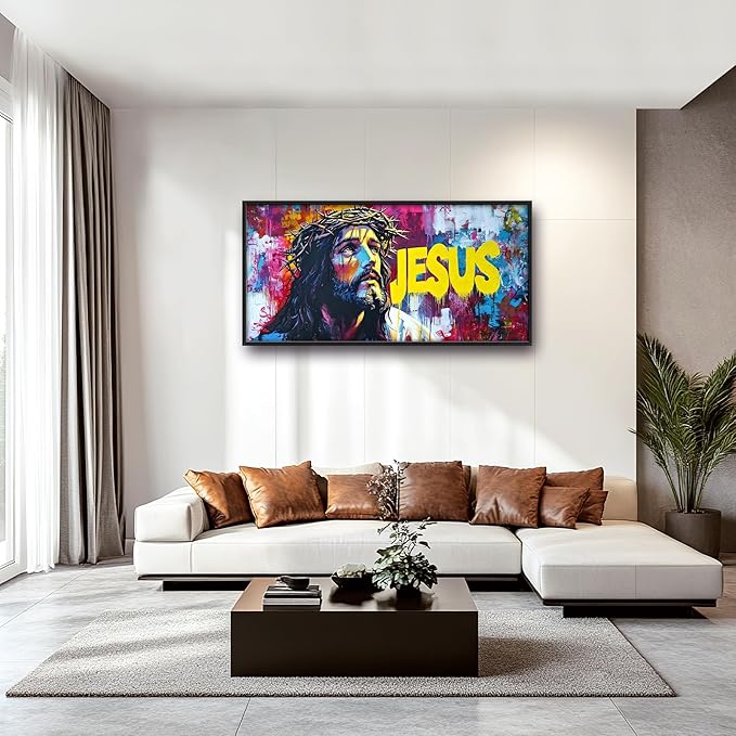 Banksy Jesus Large Wall Art Graffiti Framed Wall Decor for Living Room Pop Street Pictures Oversized Canvas Print Painting Modern Extra Large Framed Artwork for Bedroom Office 60"x30"
