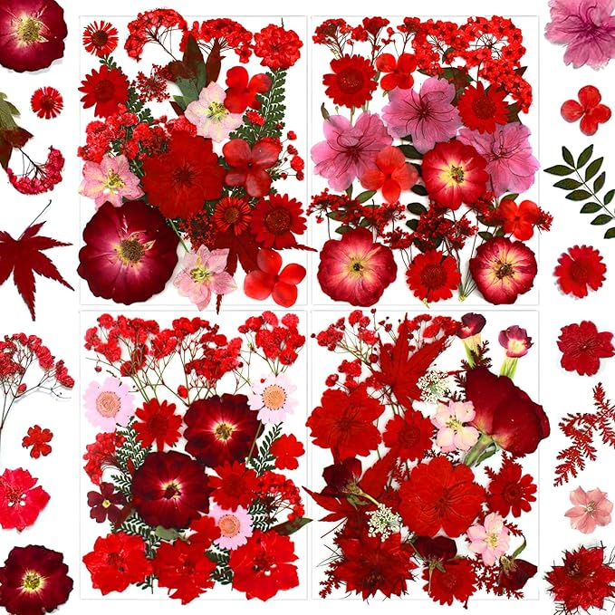 94 Pcs Red Pressed Dried Flowers for Resin, Real Natural Bulk Dry Wildflowers Leaves Perfect for Epoxy Molds, DIY Crafts, Home Decor, Soap Candles Jewelry Making