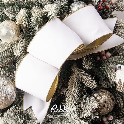 Ribbli White Velvet Wired Ribbon 4 Inch Luxury Matte Velvet Christmas Ribbon for Gift Wrapping Christmas Tree Decoration Crafts Wreaths Supplies - 10 Yards