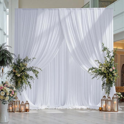 gogoparti 10x15 ft White Backdrop Curtain for Weddings & Parties - 2-Panel Wrinkle-Free Polyester Drape, 15 FT Long for Birthday, Baby Shower, Halloween Photography Background