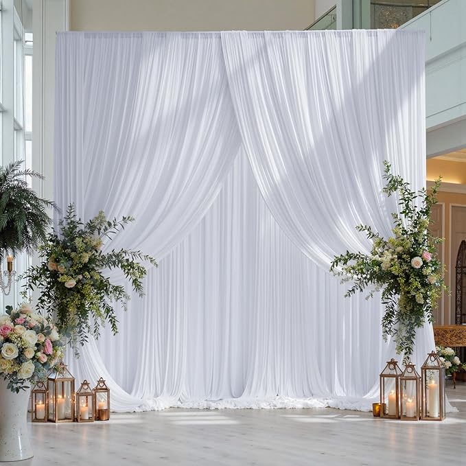 gogoparti 20x15 ft White Backdrop Curtain for Weddings & Parties - 4-Panel Wrinkle-Free Polyester Drape, 15 FT Long for Birthday, Baby Shower, Halloween Photography Background