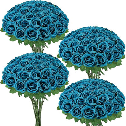 36 Pcs Teal Artificial Roses with Long Stems, Blue Green Fake Silk Rose Artificial Flowers Bulk for Bridal Wedding Bouquet Centerpiece Ball Arrangement Party Decor