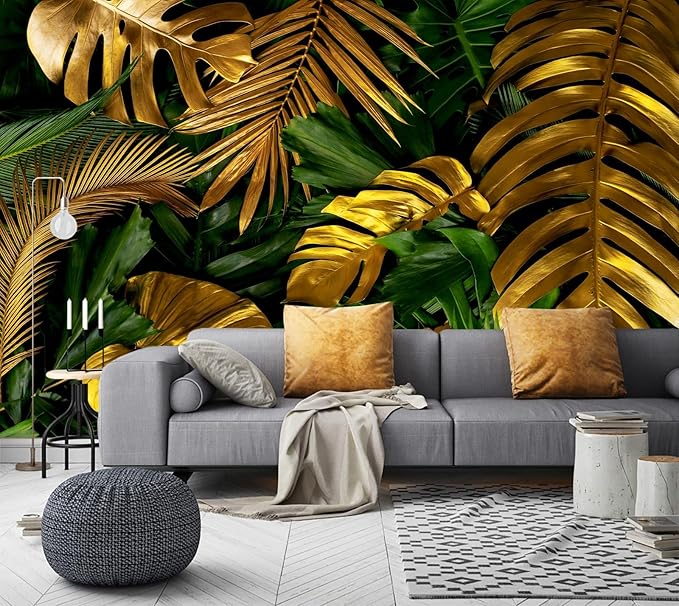 WFBHUA-Green and Gold Palm Leaf Wallpaper Peel and Stick Tropical Jungle Self Adhesive Wall Mural for Living Room Bedroom 137"x100"