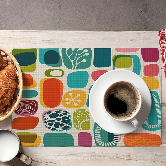Mid Century Colorful Modern Placemats Set of 4,Kitchen Table Mats for Dining Outdoor Home Decor 12x18 Retro Place Mats 4 PCS, Style-15