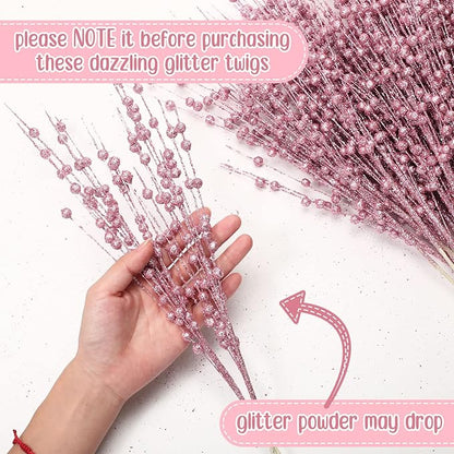 Geosar 30 Pcs Christmas Artificial Glitter Berry Stem Decorations 17 Inch Faux Stick Floral Pick Centerpiece Bouquet Flower Bead Twigs for Centerpiece Tree Wreath Xmas Ornaments Home(Pink)