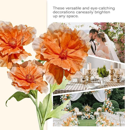 Giant Flowers for Decoration, 3pc Wedding Reception Essential Decoration, Big Artificial Flower with Stems and Stands for Birthday Ceremony Party Event Mall Window Display Decorations (Orange)