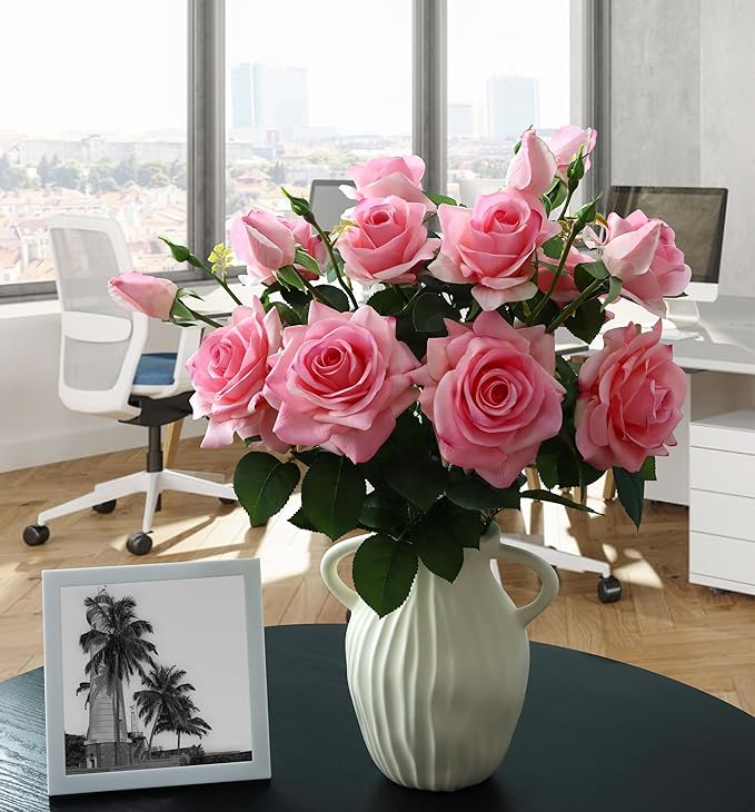 Pink Roses Artificial Flowers Indoor,Realistic Fake Flowers 5 Bouquets (15 Heads) for Living Room Decor,Real Touch Fake Plants for Bathroom Kitchen Office Wedding Centerpiece Table Bridal Shower Decor