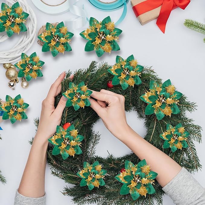Geosar 24 Christmas Glitter Artificial Poinsettia Flowers Xmas Poinsettia Artificial Wedding Flowers Decorations Xmas Tree Ornaments with Clips for Party Favors, 6 Inch, 4 Inch, 3 Inch (Green, Gold)