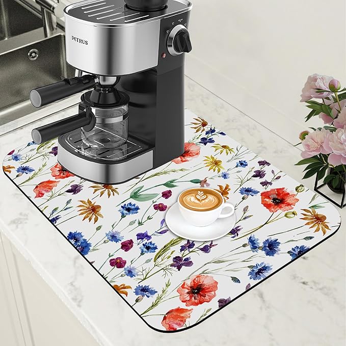 Watercolor Flowers Coffee Mat Daisy Dish Drying Mat for Kitchen Counter Absorbent Hide Stain Rubber Backed Coffee Bar Accessories Fit Under Espresso Machine Dish Drainer 11.8 x 19.7 Inch