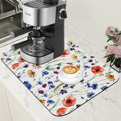 Watercolor Flowers Coffee Mat Daisy Dish Drying Mat for Kitchen Counter Absorbent Hide Stain Rubber Backed Coffee Bar Accessories Fit Under Espresso Machine Dish Drainer 11.8 x 19.7 Inch