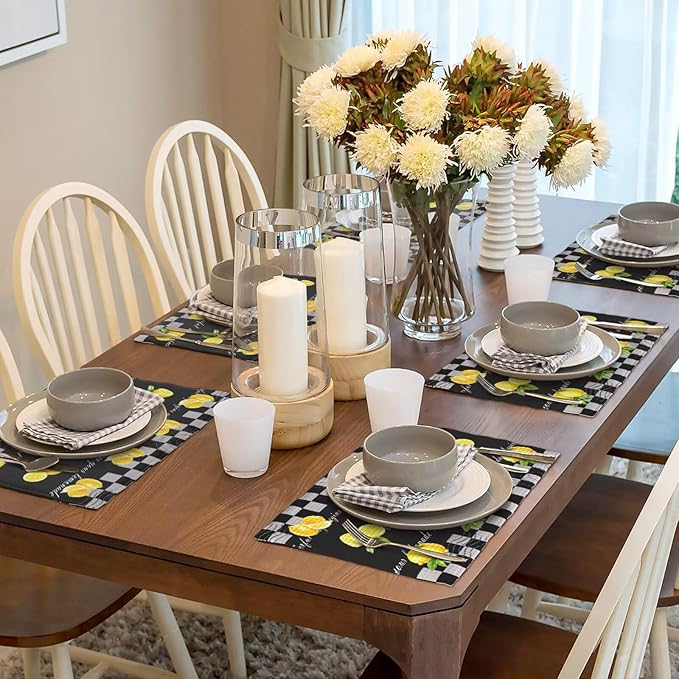 Lemon Kitchen Table Placemats Set of 6 Vintage Black White Checkered Summer Fruit Print Placemat Indoor Outdoor Party Home Desktop Dining Room Decor 12x18 Inch